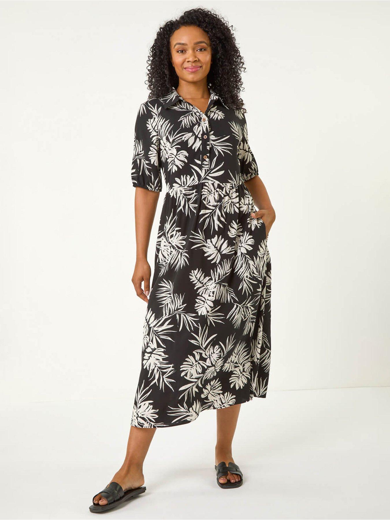 undefined Petite Tropical Print Button Midi Dress - Black