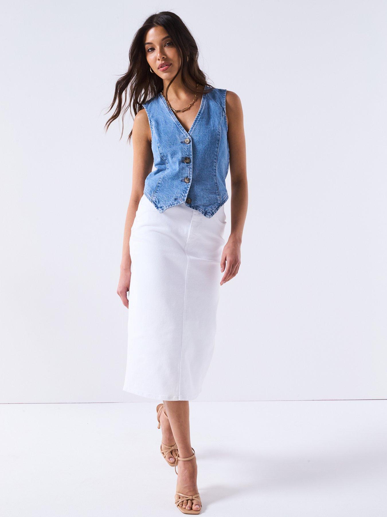 Image 3 of 6 of V by Very Denim Midi Skirt - White