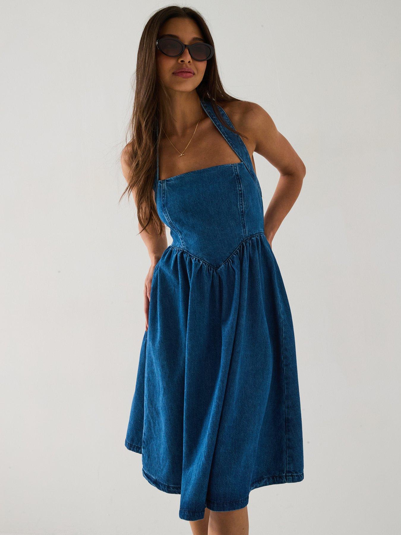 V by Very: Denim Halter Amalfi Dress - Mid Wash