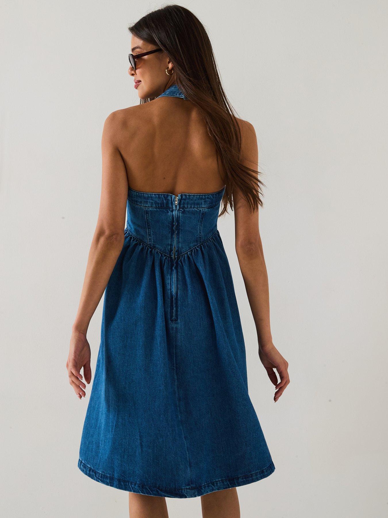 Image 2 of 6 of V by Very Denim Halter Amalfi Dress - Mid Wash