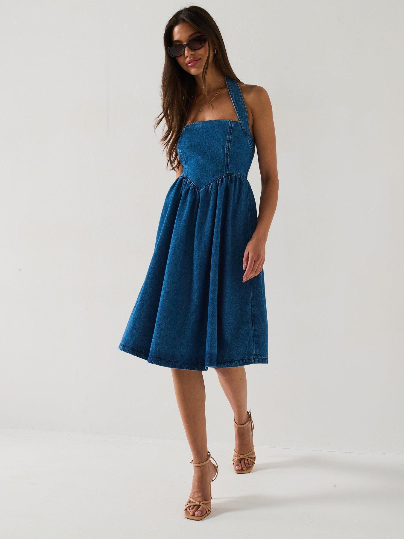 Image 3 of 6 of V by Very Denim Halter Amalfi Dress - Mid Wash