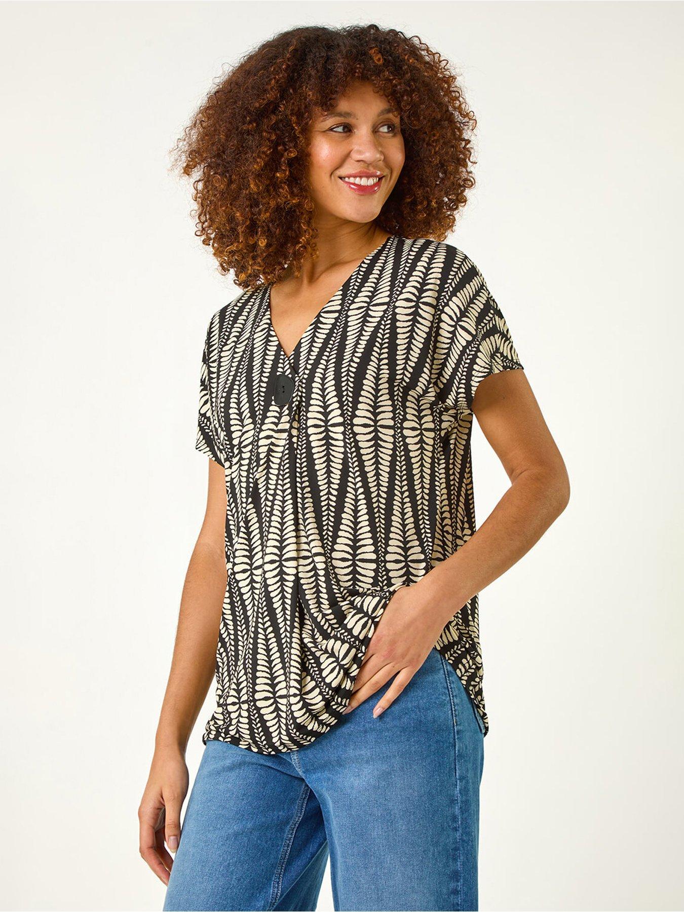 undefined Abstract Print Front Pleat Stretch Top - Cream