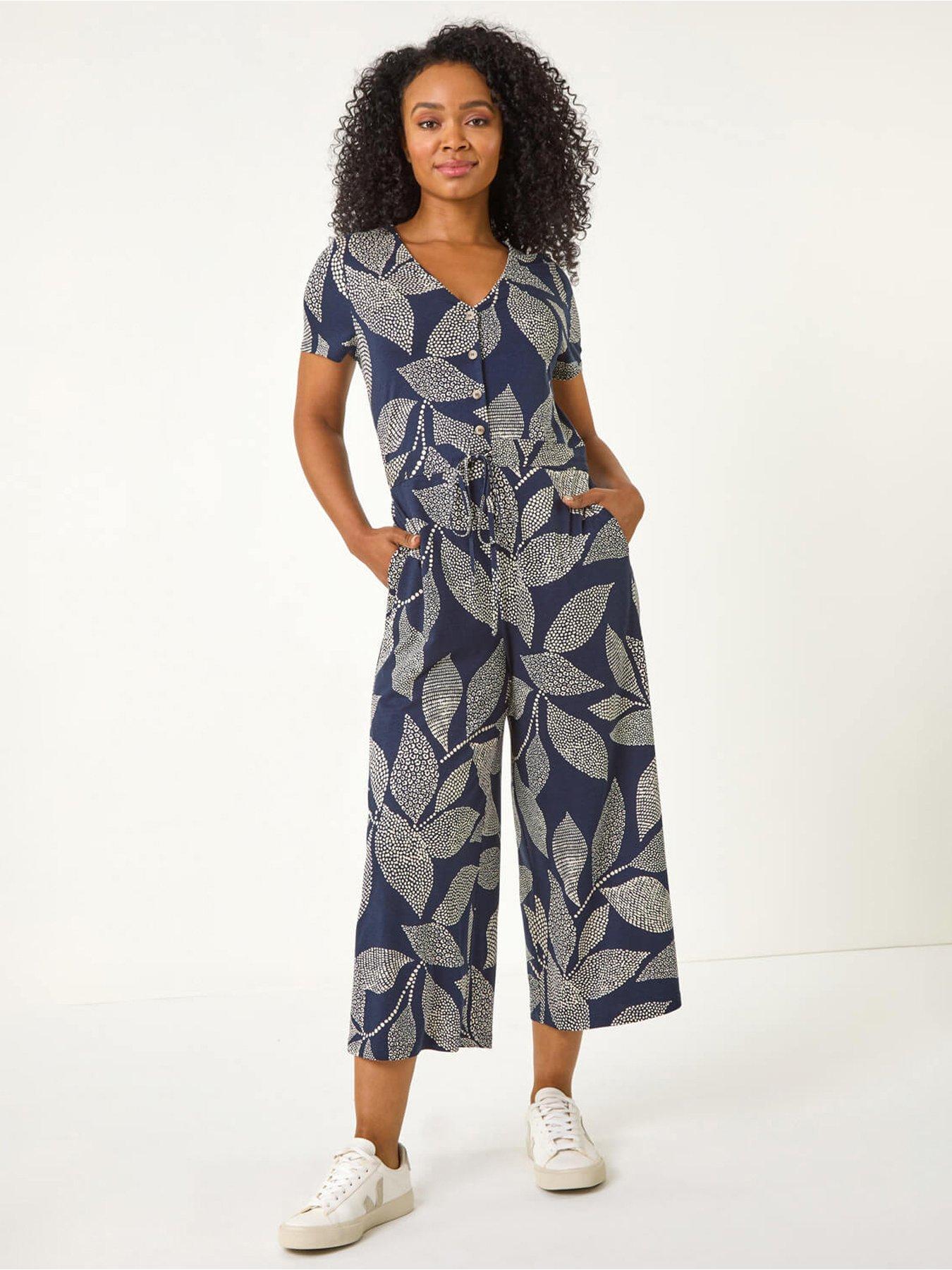 Roman Petite Leaf Print Stretch Jumpsuit, Navy, Size 18, Women