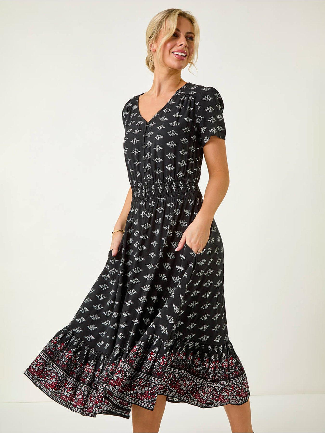 Image 3 of 5 of Roman Petite Geo Print Border Midi Dress