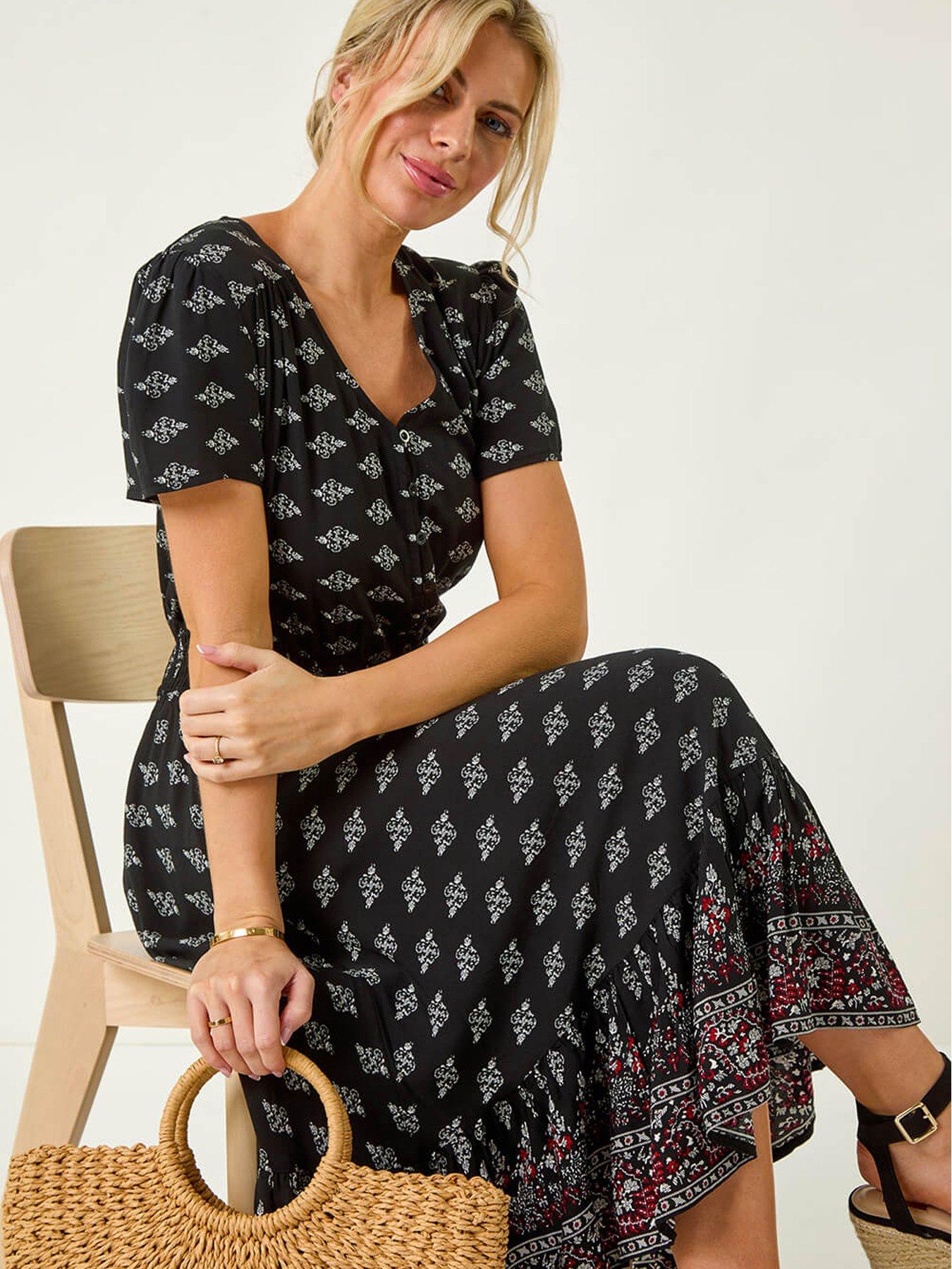 Image 4 of 5 of Roman Petite Geo Print Border Midi Dress