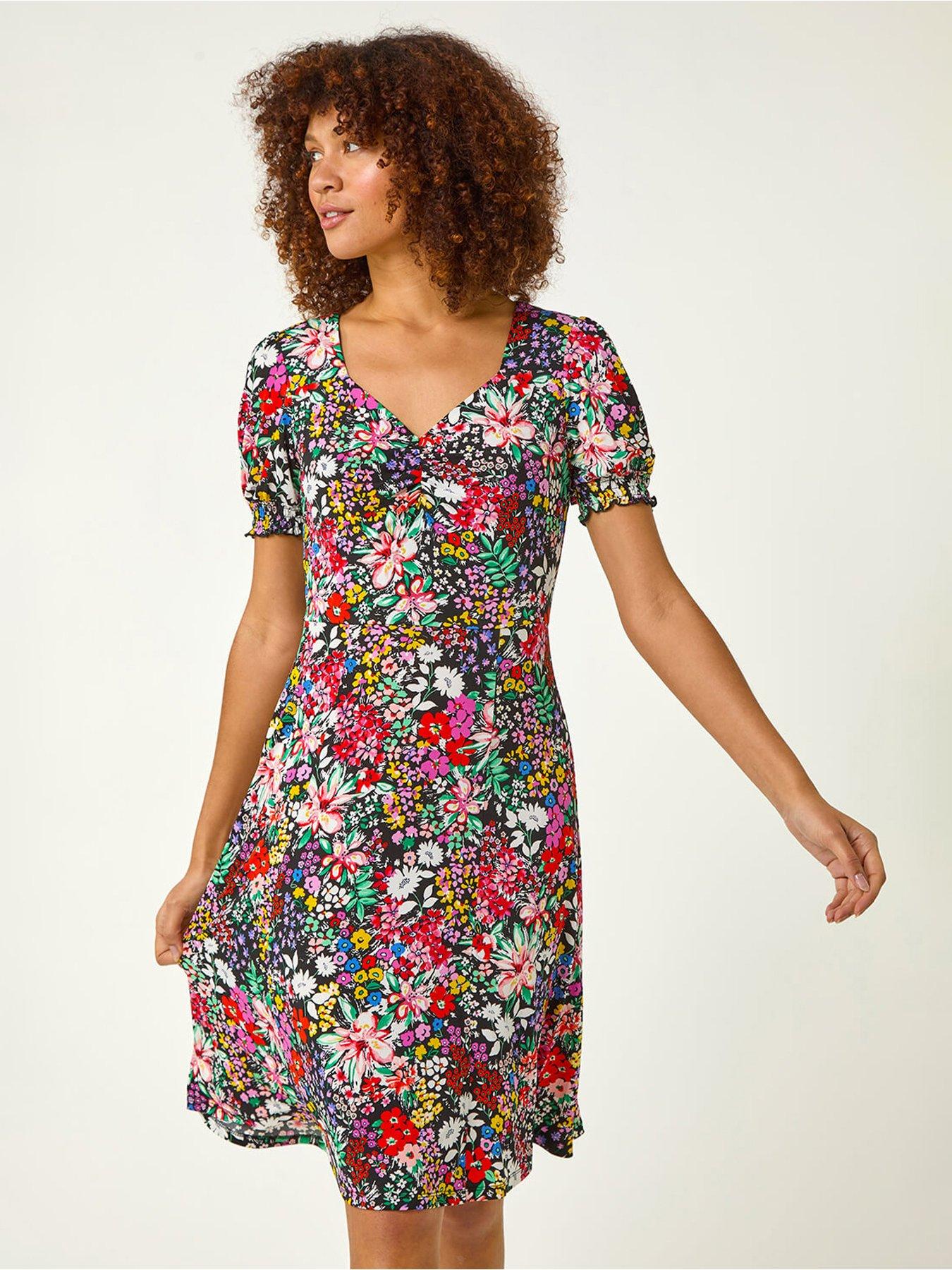 Roman Floral Print Ruched Stretch Midi Dress - Multi