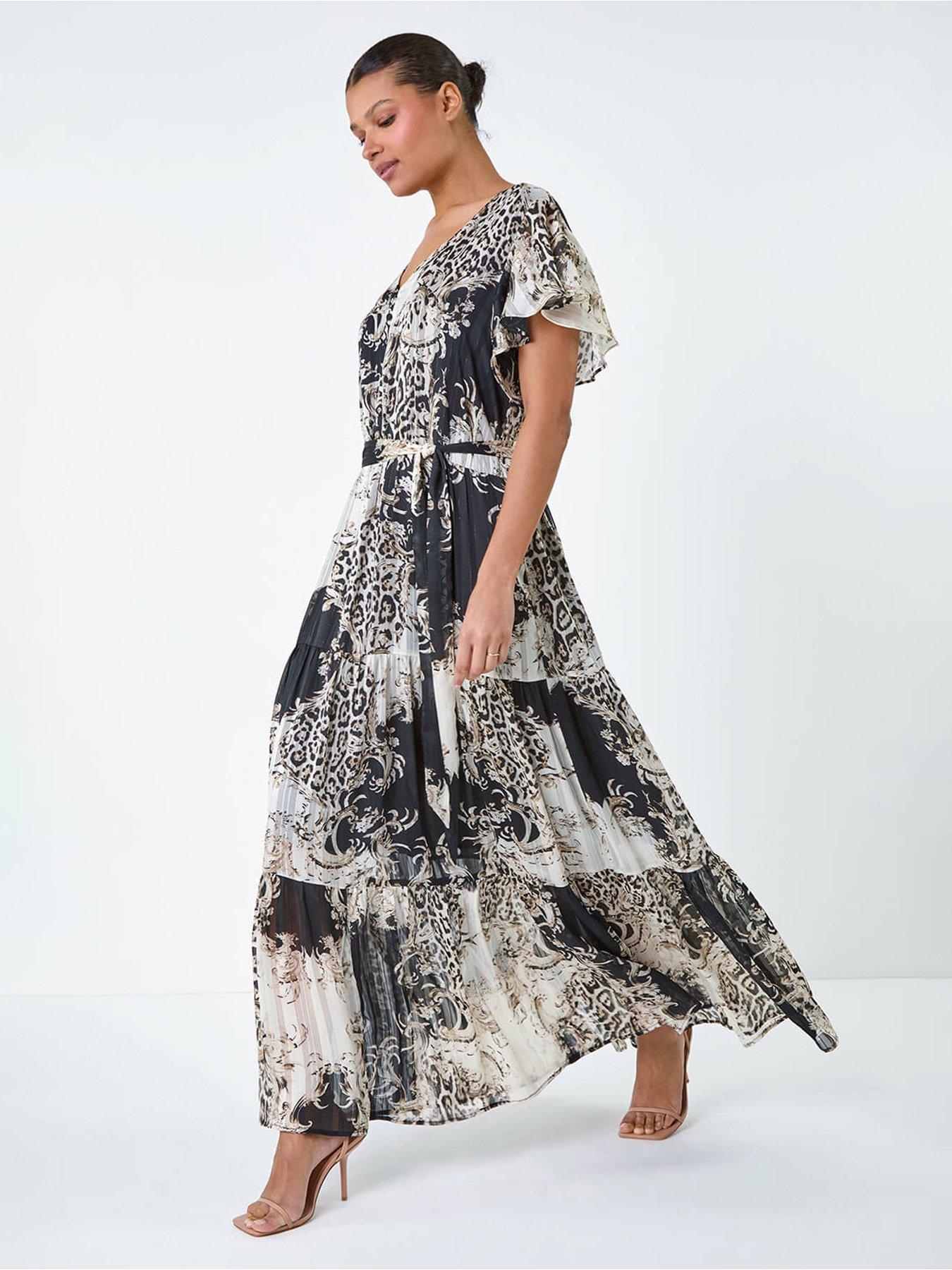 undefined Animal Print Shimmer Tiered Maxi Dress - Brown