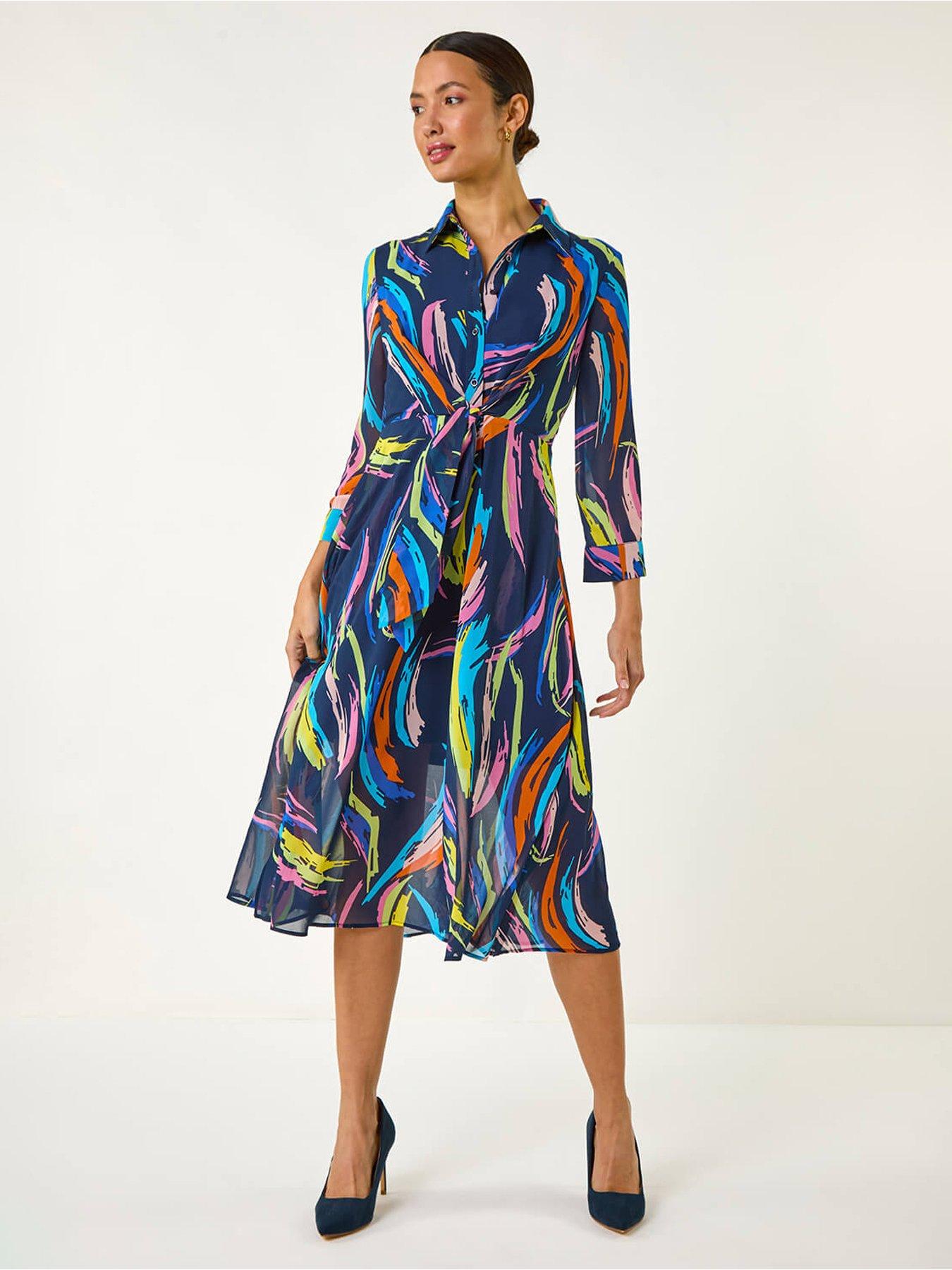 undefined Abstract Print Tie Front Shirt Dress - Navy