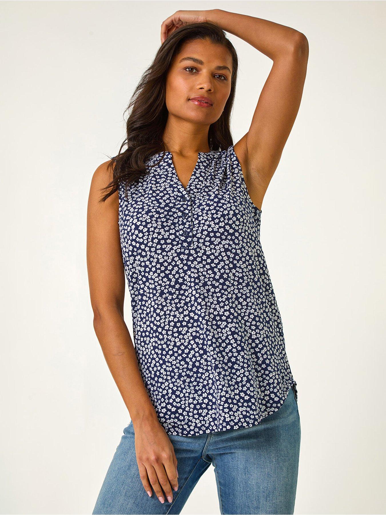 Roman Textured Floral Print V-neck Stretch Top - Navy