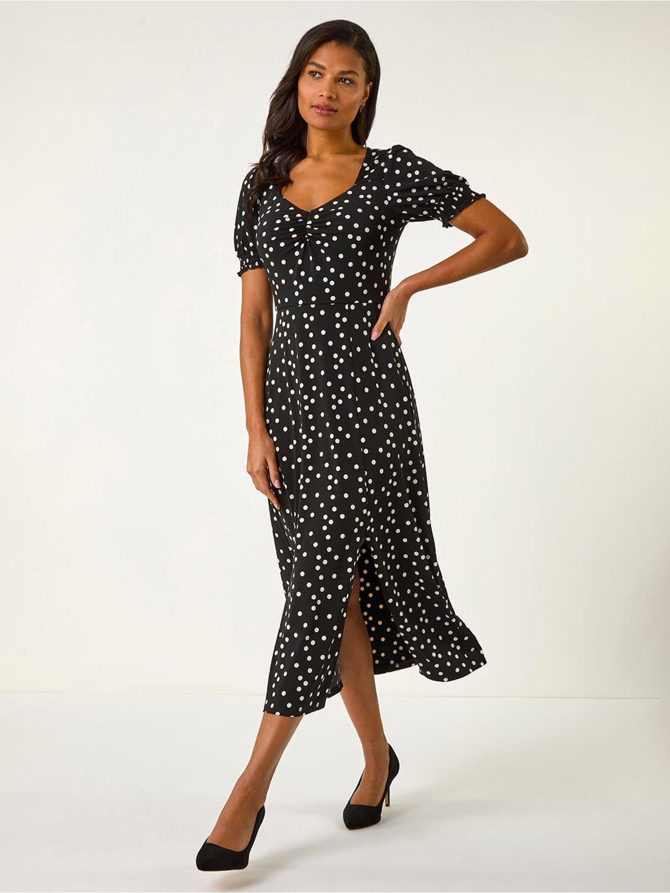 undefined Spot Print Sweetheart Neck Midi Dress - Black