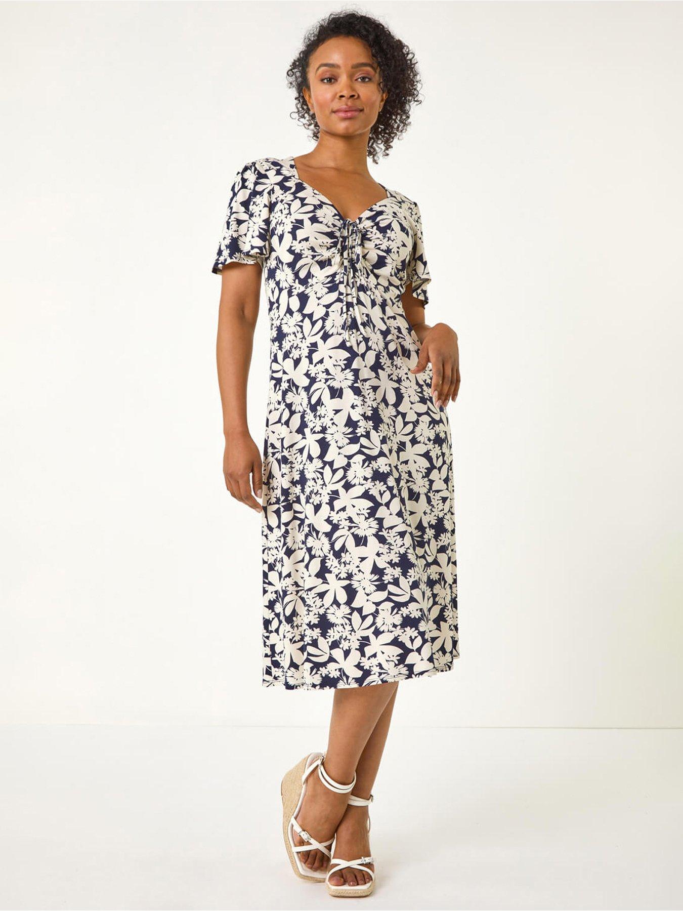 Roman Petite Floral Print Ruched Midi Dress - Navy