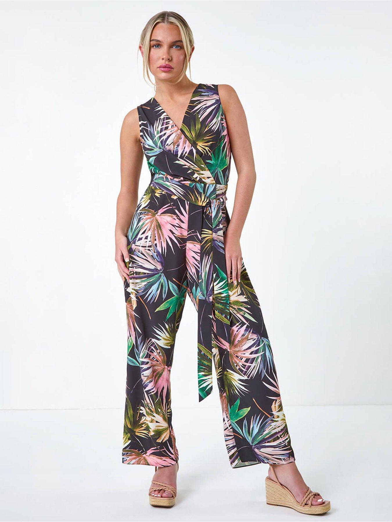 Image 1 of 5 of Roman Petite Tropical Print Wrap Jumpsuit