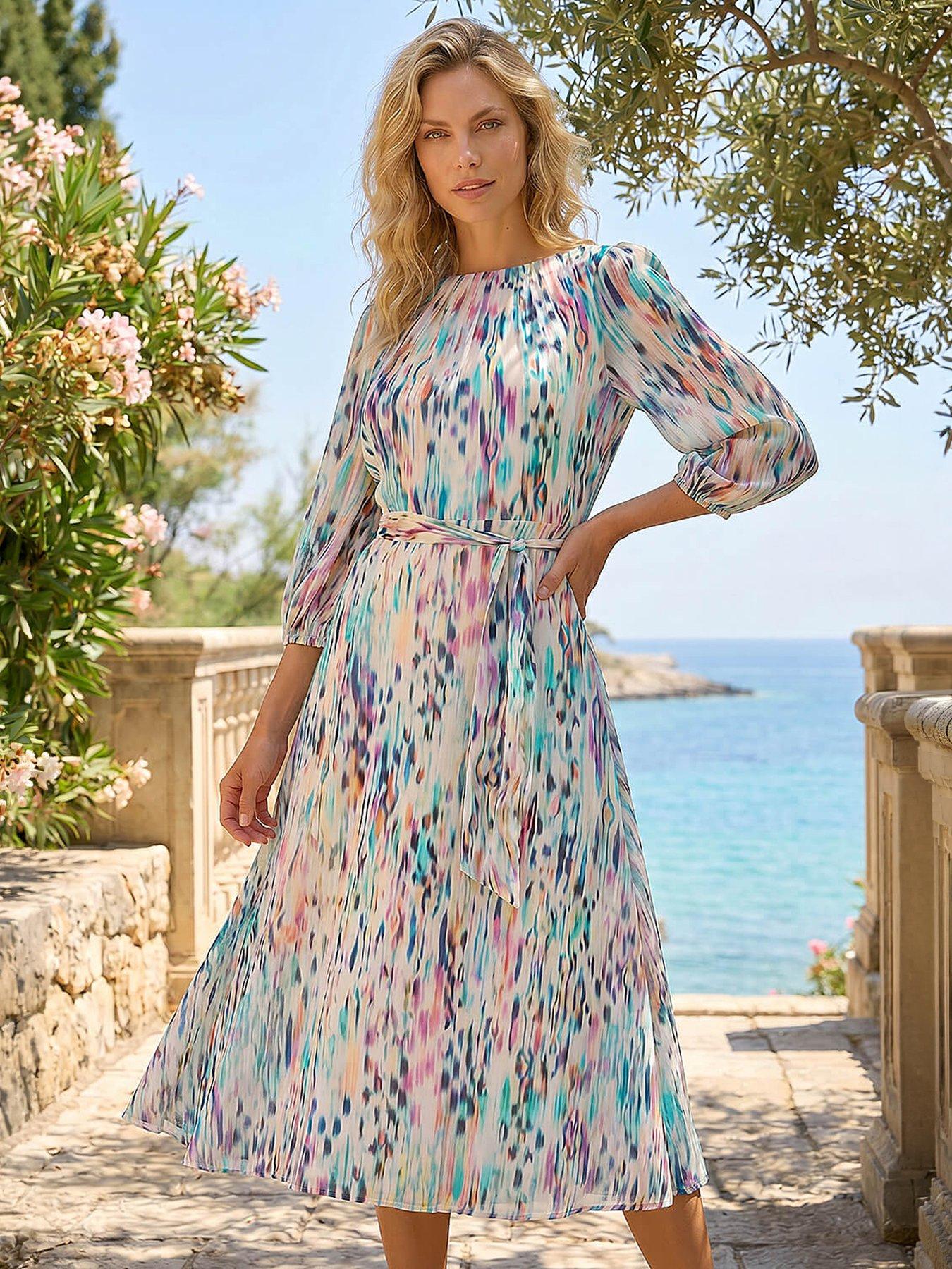 Roman Women's White Blurred Print Pleat Neck Midi Dress Size 14 - Image 3