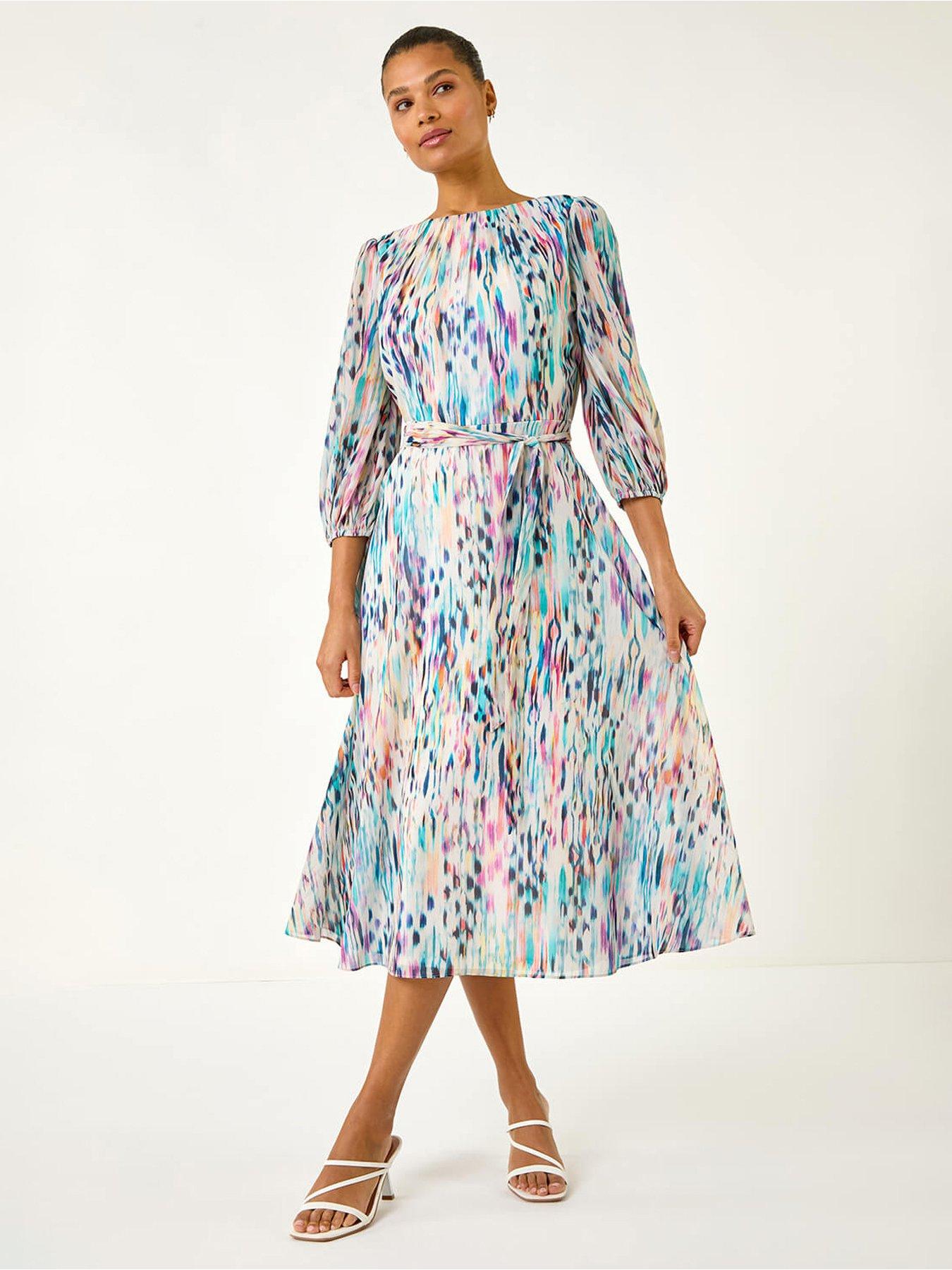 undefined Blurred Print Pleat Neck Midi Dress
