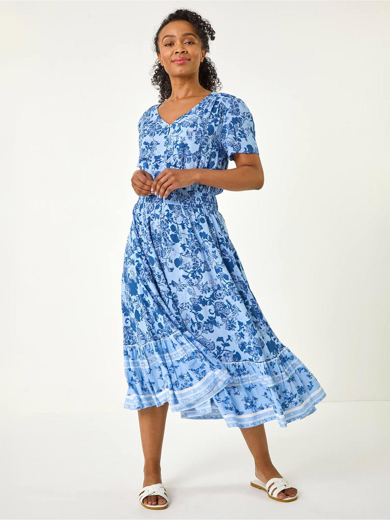 undefined Petite Floral Print Border Midi Dress - Blue