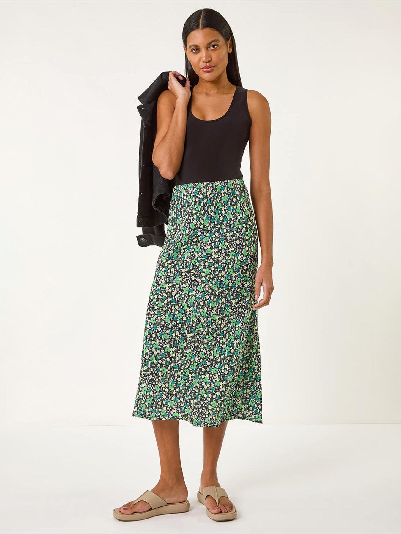 Roman Floral Print Elastic Waist Midi Skirt Green Very