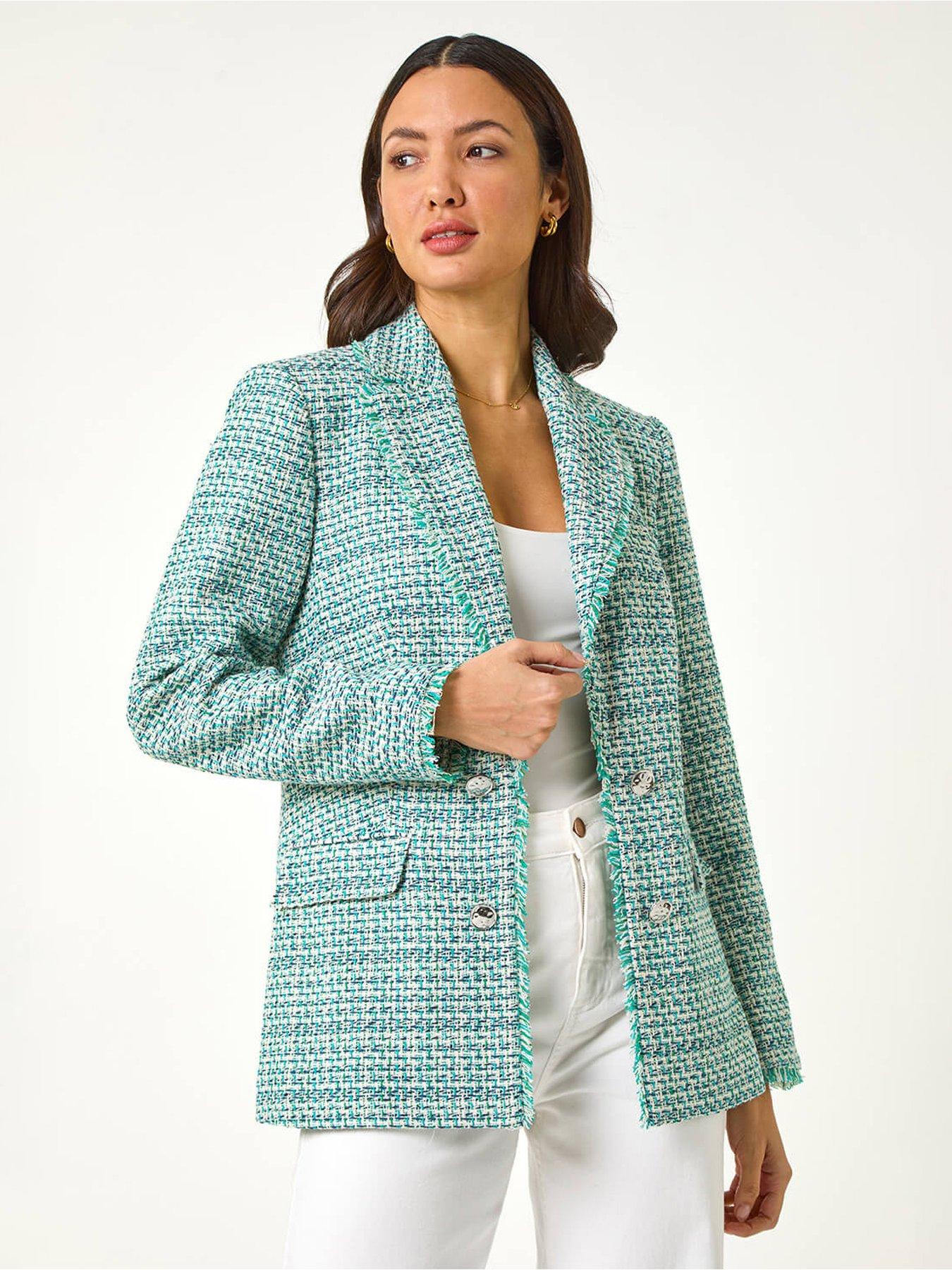 undefined Check Frayed Edge Boucle Button Jacket - Green