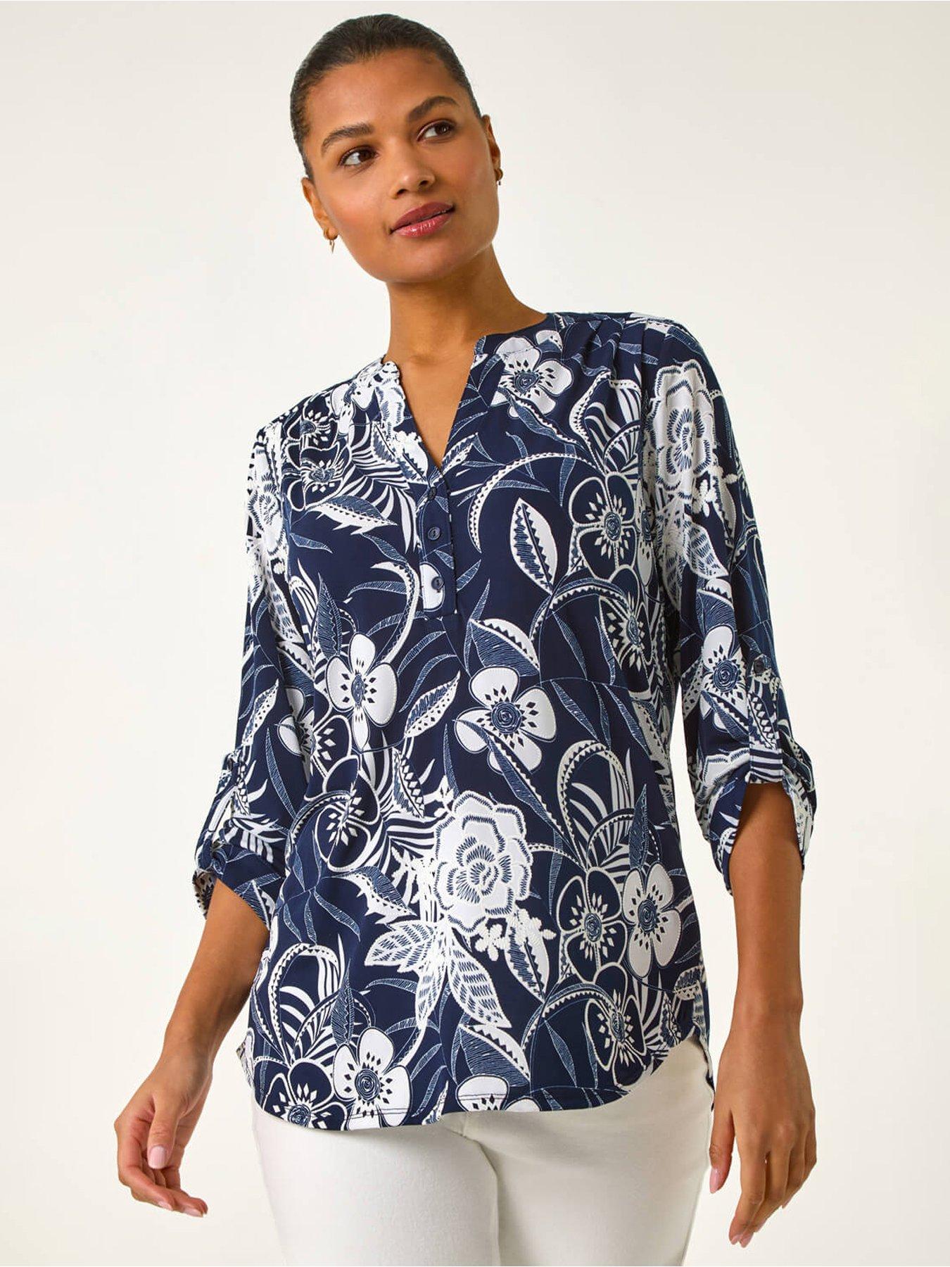 undefined Textured Floral Print V-neck Stretch Shirt - Navy