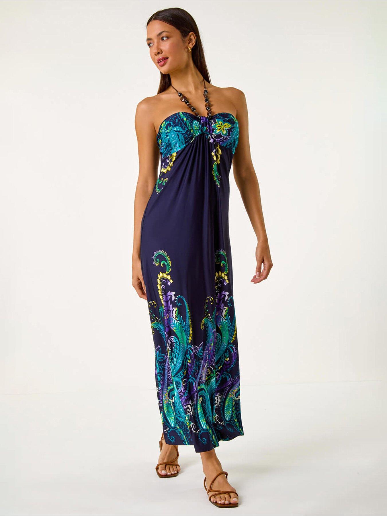 undefined Paisley Beaded Necklace Bandeau Maxi Dress - Navy