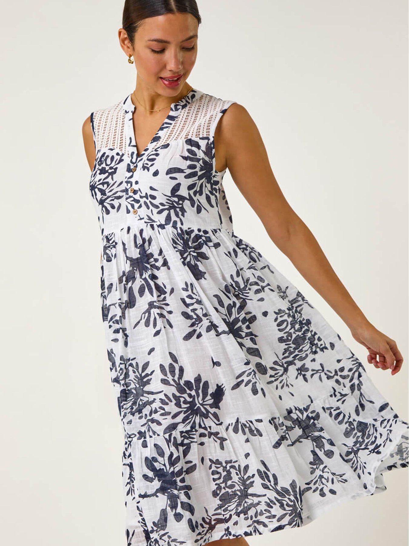 undefined Floral Print Lace Detail Smock Dress