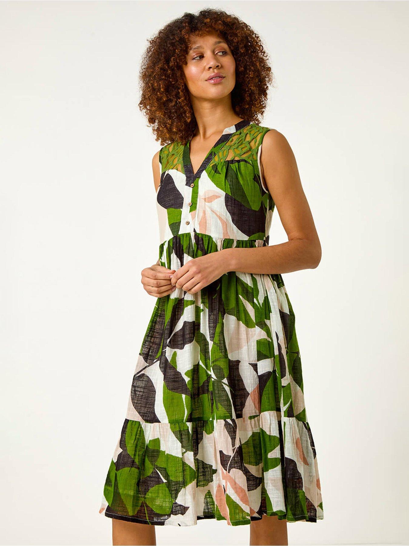 undefined Leaf Print Tiered Smock Midi Dress