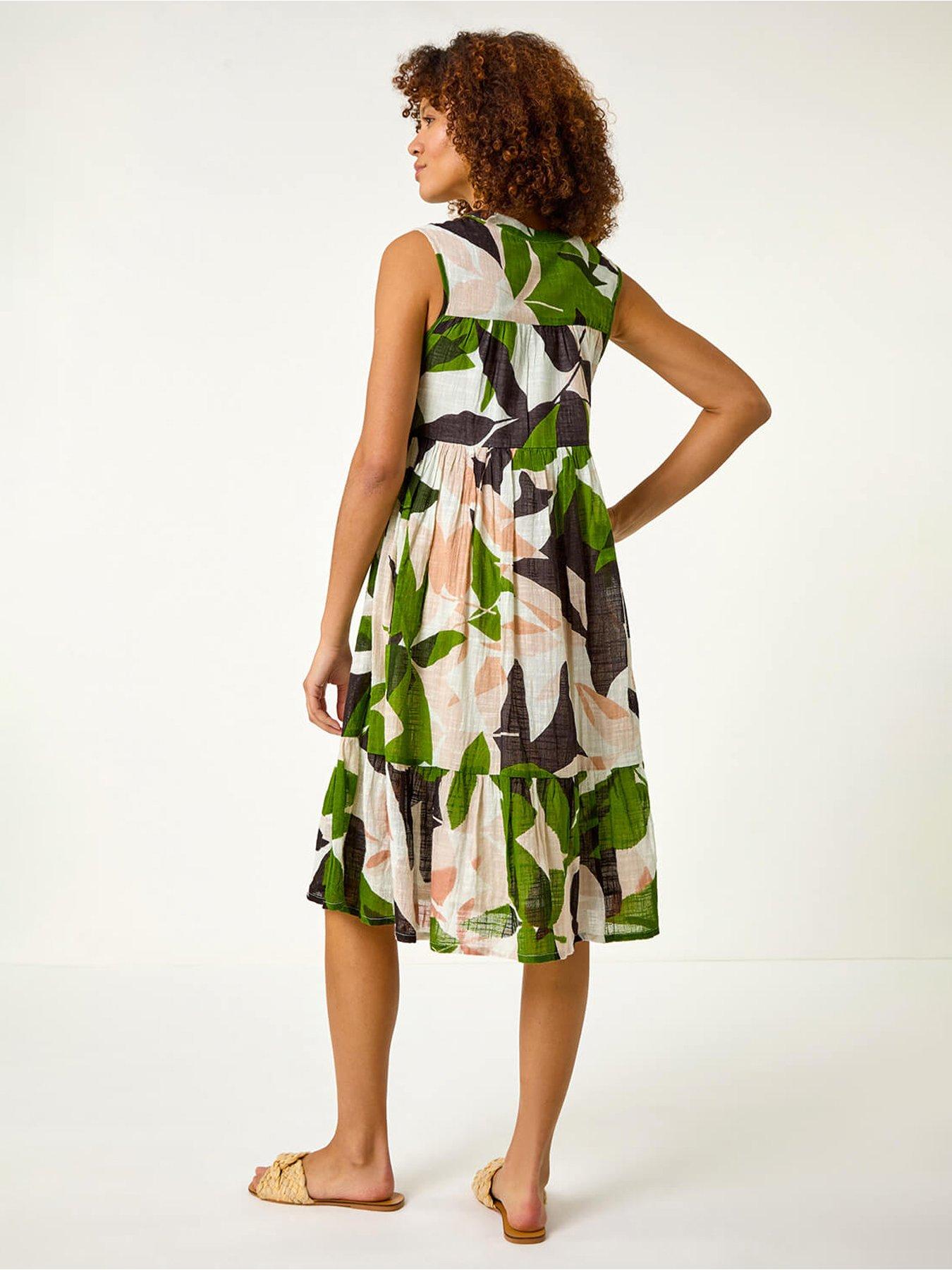 Image 2 of 5 of Roman Leaf Print Tiered Smock Midi Dress