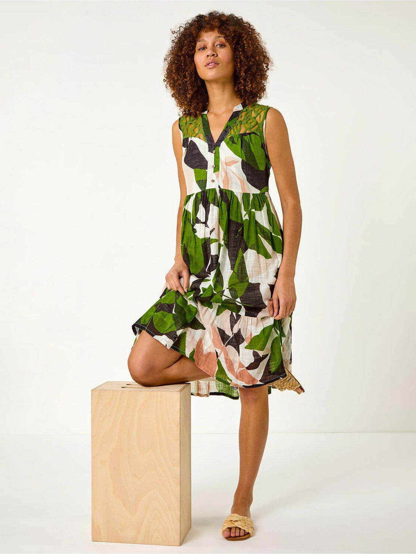 Image 3 of 5 of Roman Leaf Print Tiered Smock Midi Dress