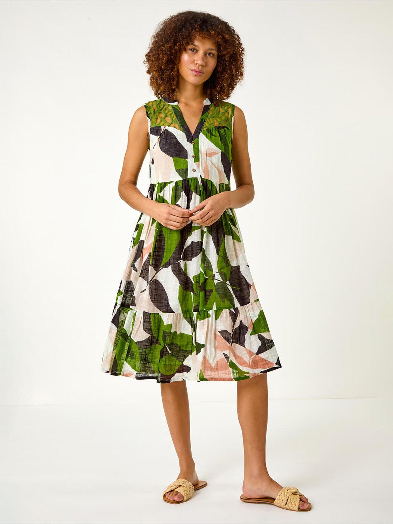 Image 4 of 5 of Roman Leaf Print Tiered Smock Midi Dress