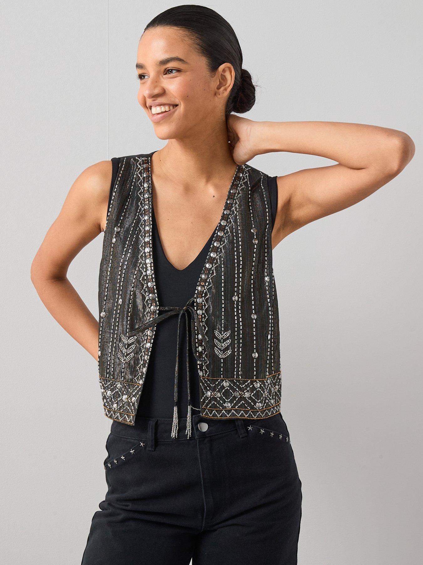 The Very Collection Embellished Tie Front Waist Coat - Black