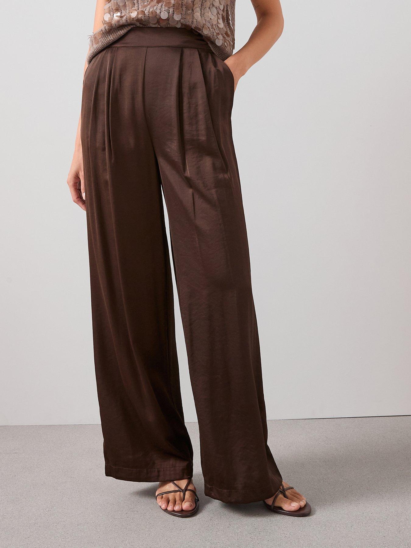 Image 1 of 7 of The Very Collection Satin Pleated Trousers - Brown