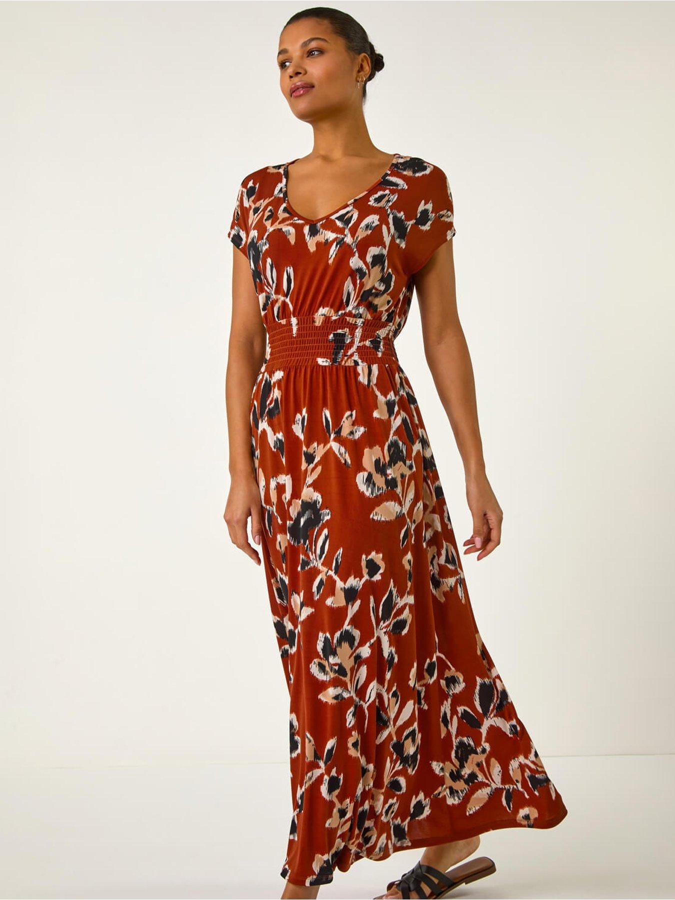 Roman Abstract Print Ruched Waist Maxi Dress - Rust | Very