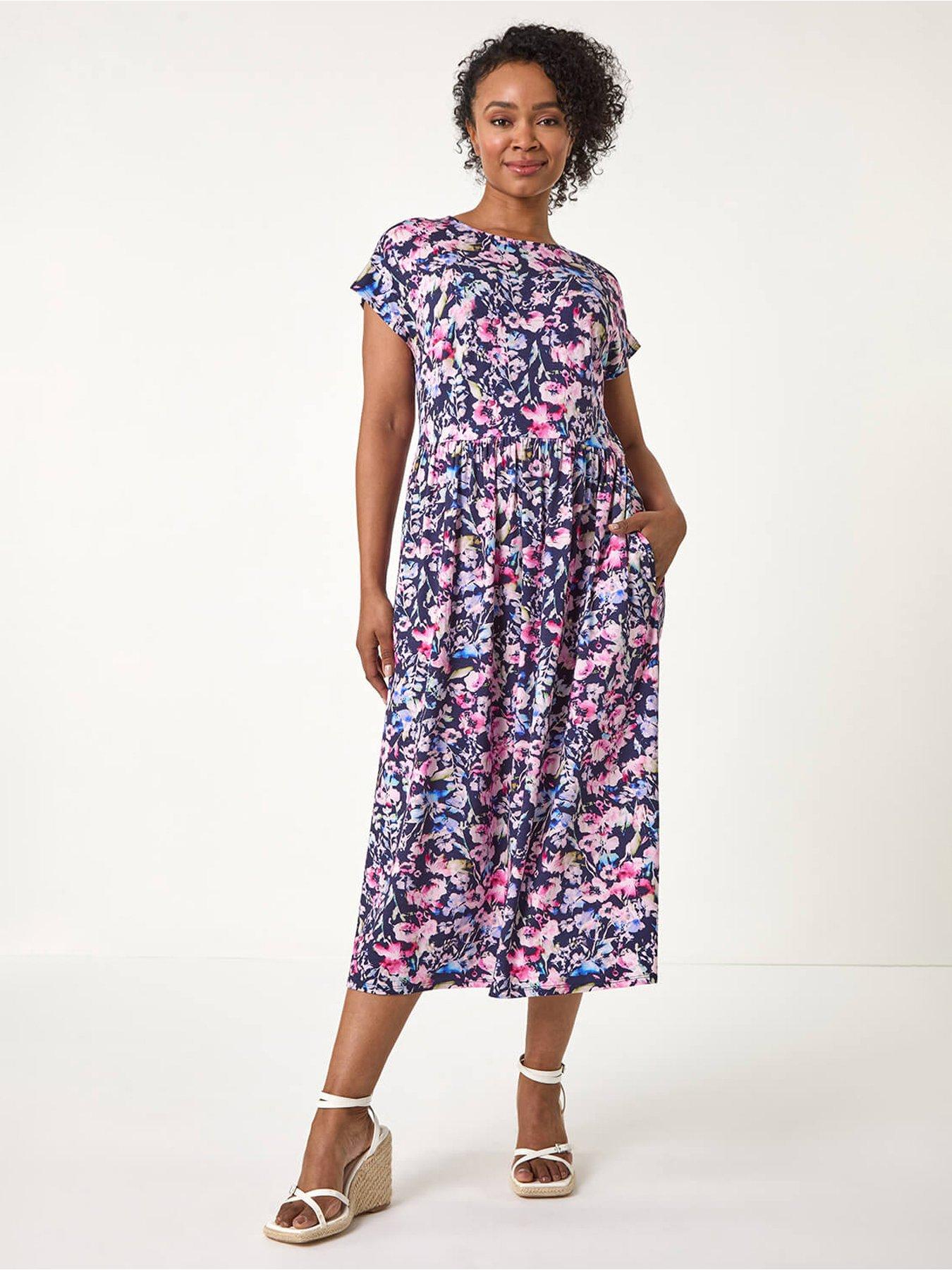 undefined Petite Floral Print Gathered Midi Dress - Navy