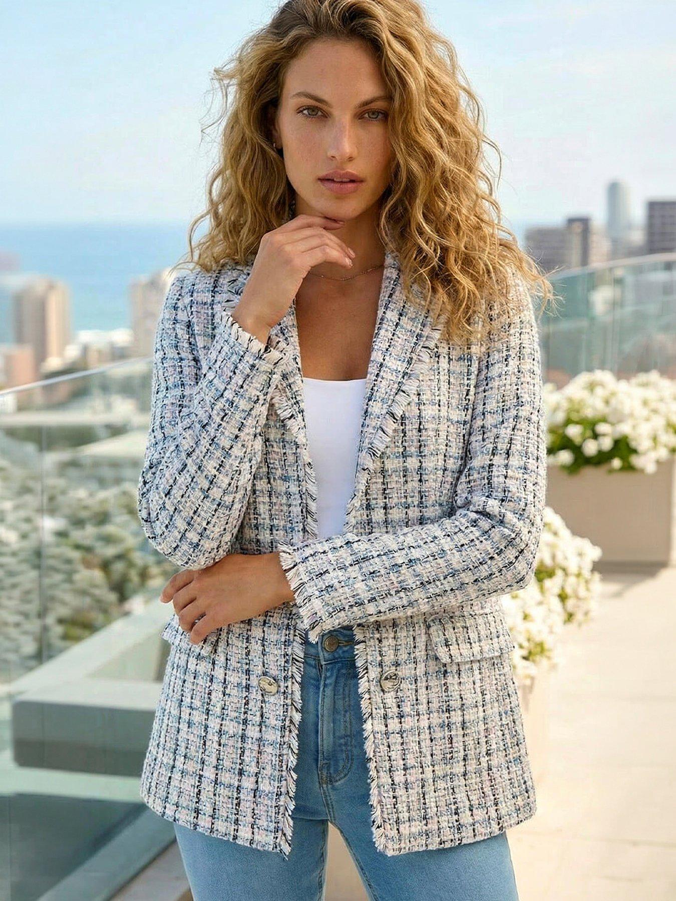 roman-check-frayed-edge-boucle-button-jacket-multi