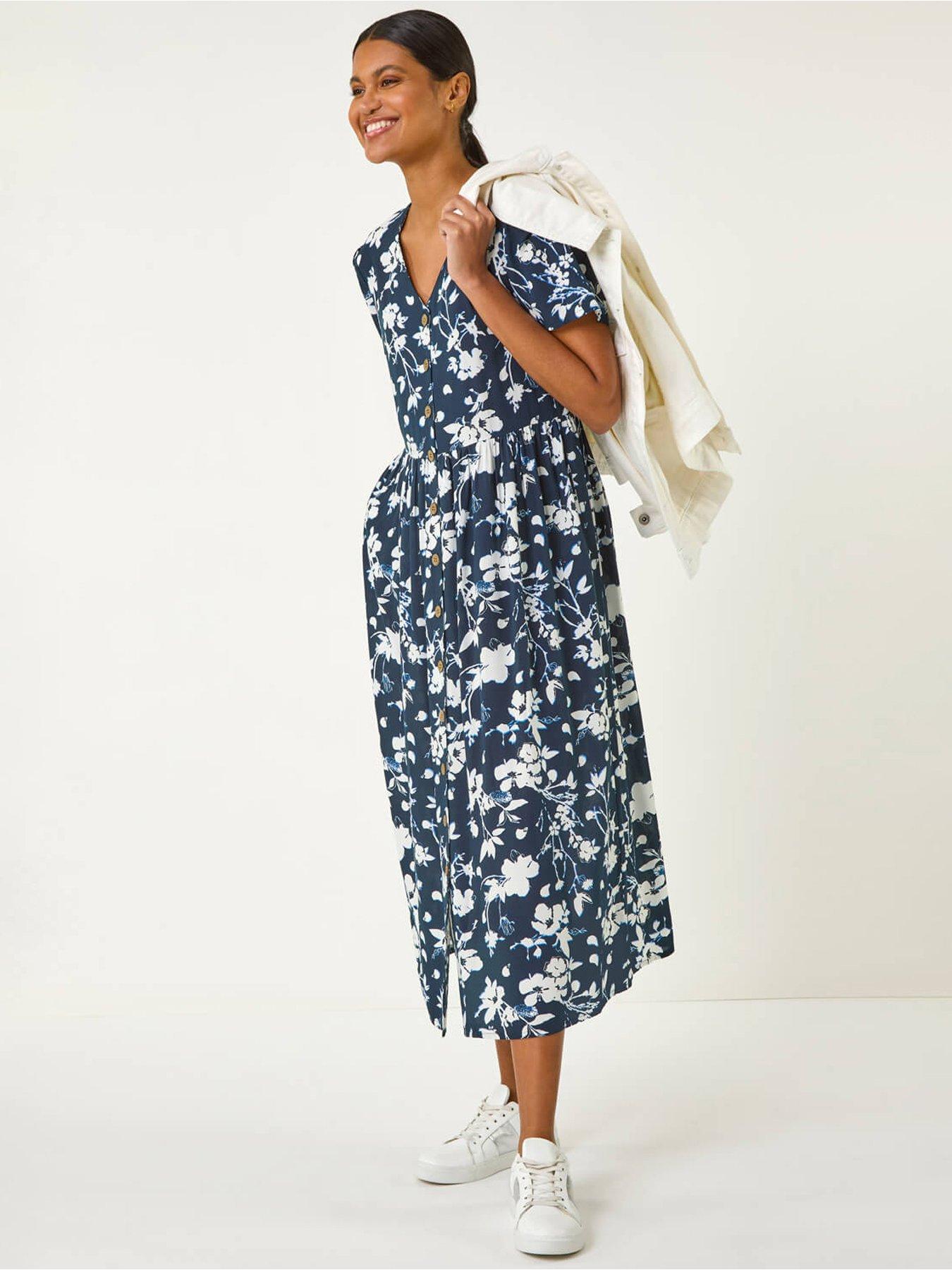 undefined Floral Print Button Through Midi Dress - Navy
