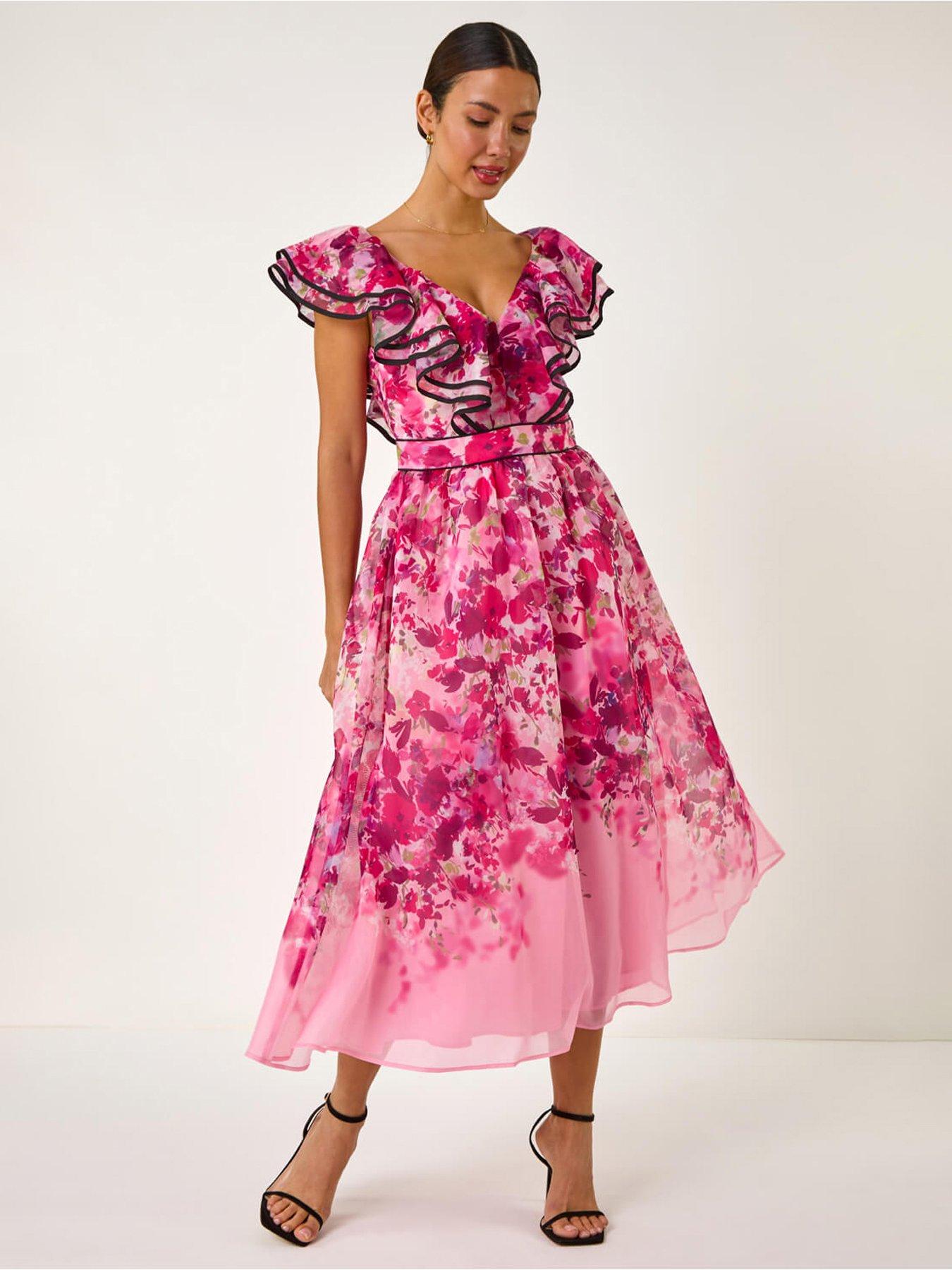 undefined Floral Print Bardot Organza Midi Dress - Pink