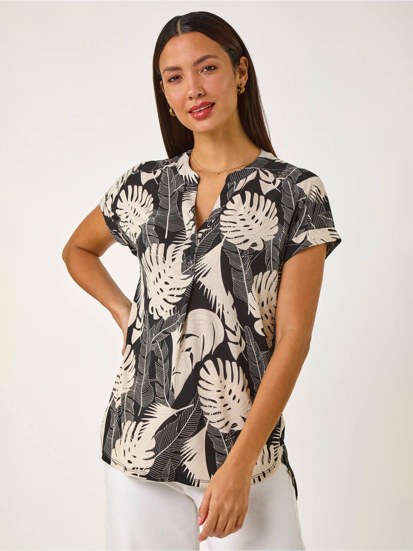 Roman Textured Leaf Print V-neck Stretch Top - Stone