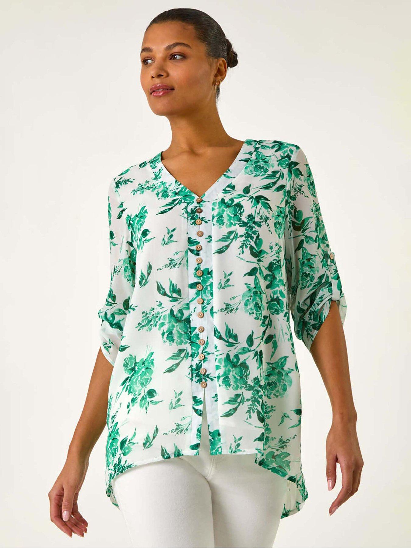 undefined Floral Print V-neck Button Front Top - Green