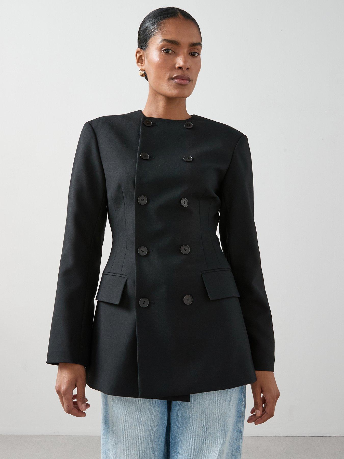 undefined Structured Round Neck Double Breasted Blazer - Black