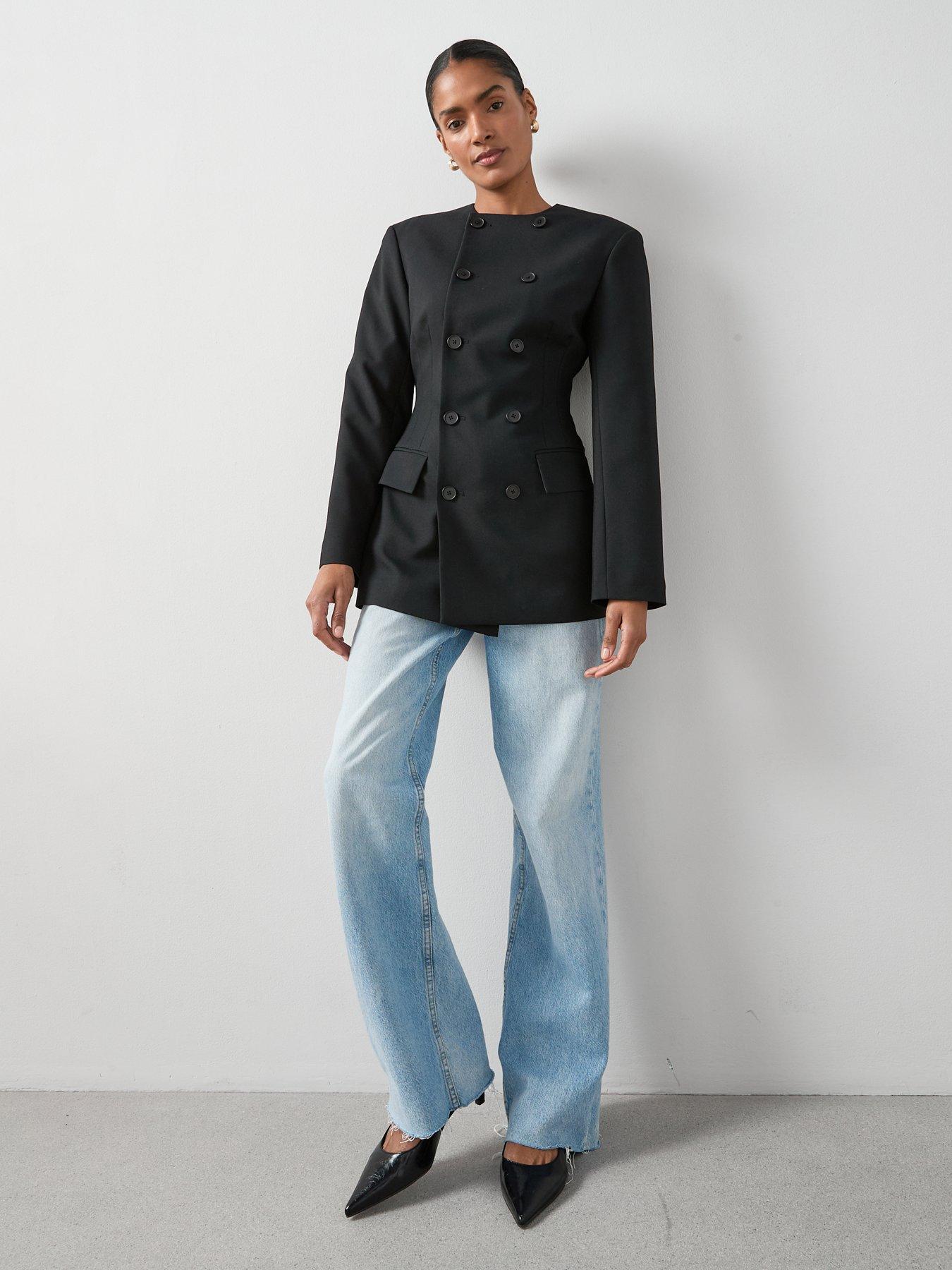 Image 3 of 7 of The Very Collection Structured Round Neck Double Breasted Blazer - Black