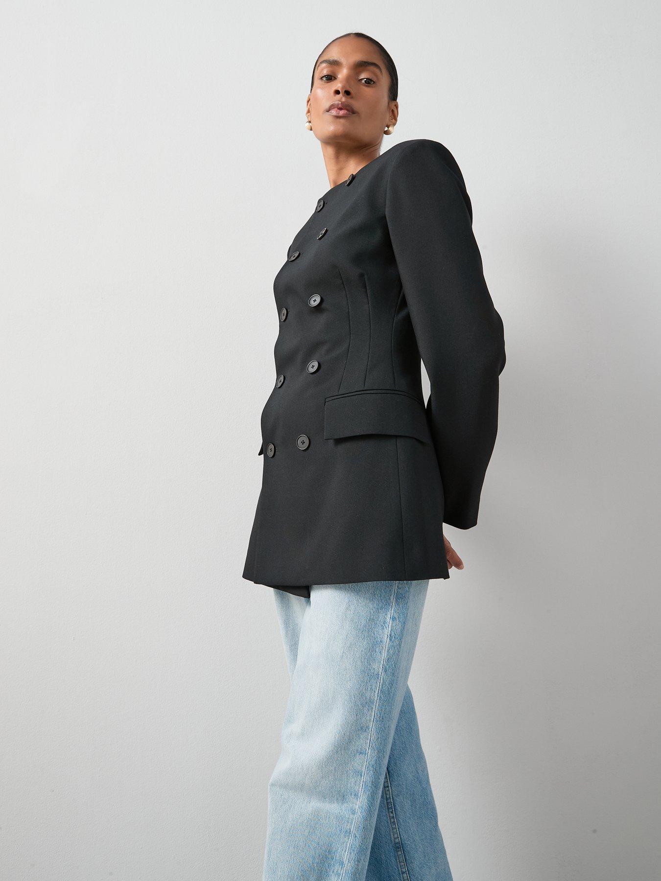 Image 6 of 7 of The Very Collection Structured Round Neck Double Breasted Blazer - Black