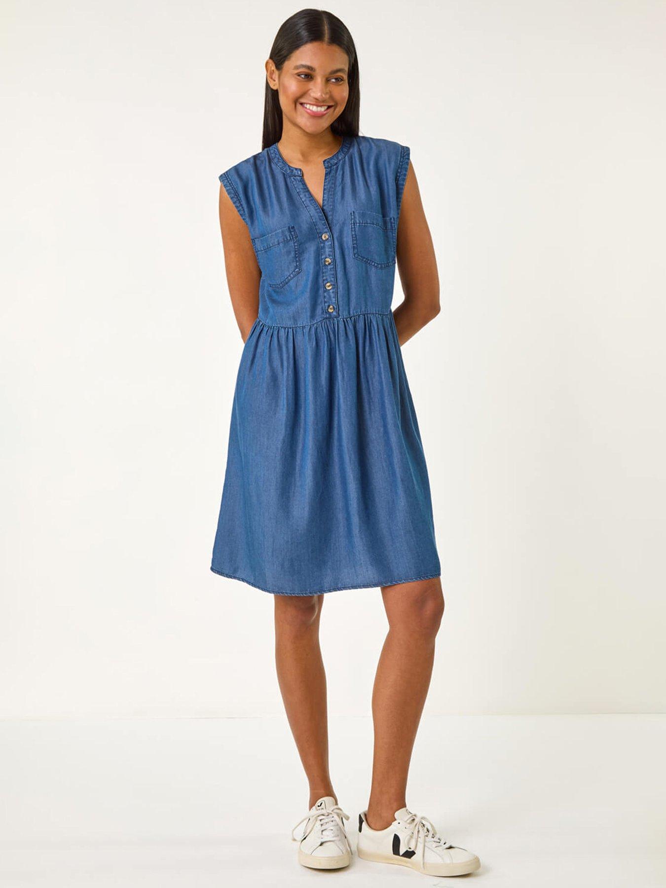 undefined Denim Button Detail Gathered Dress