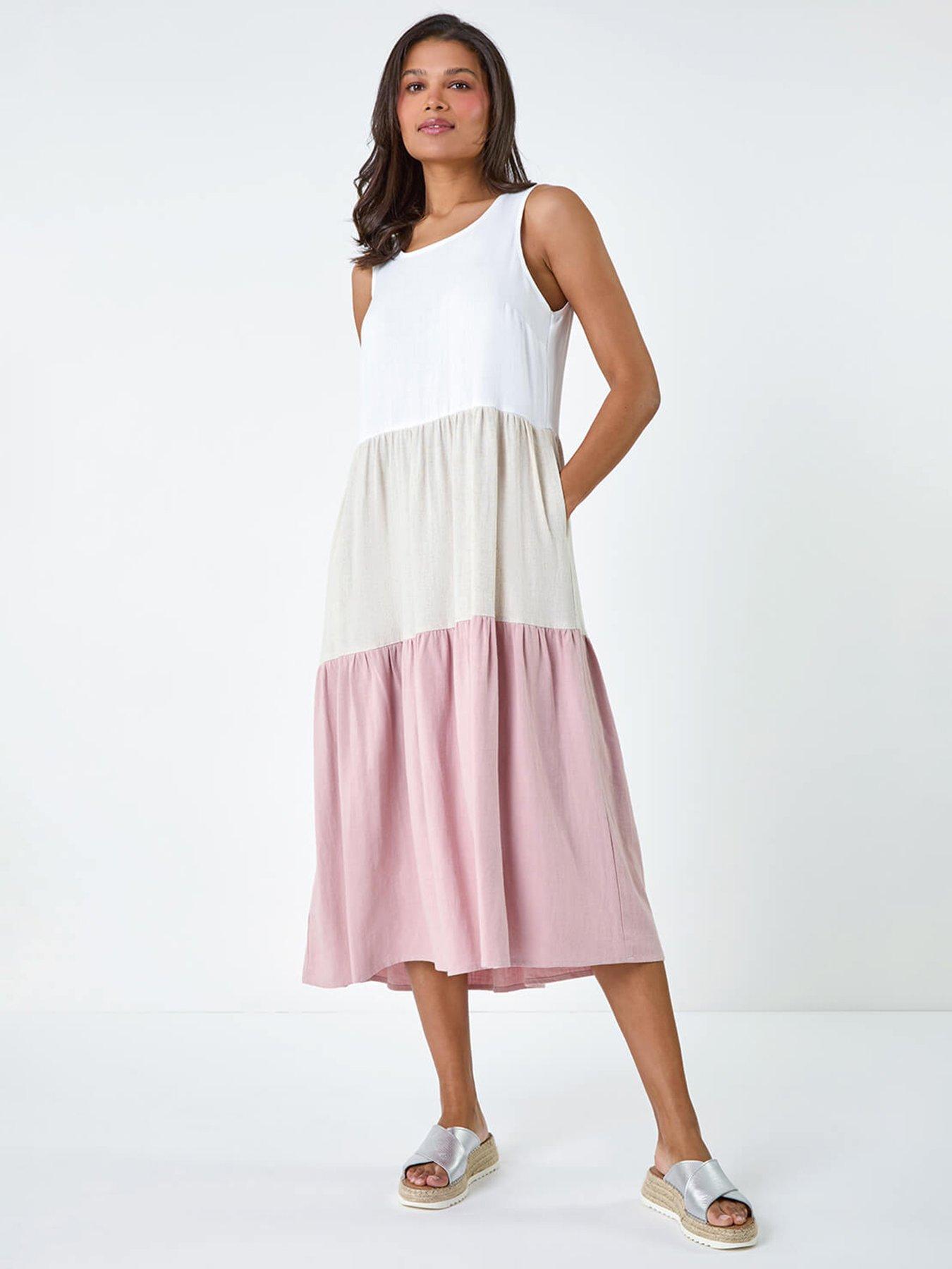 undefined Colour Block Tiered Linen Midi Dress - Light Pink