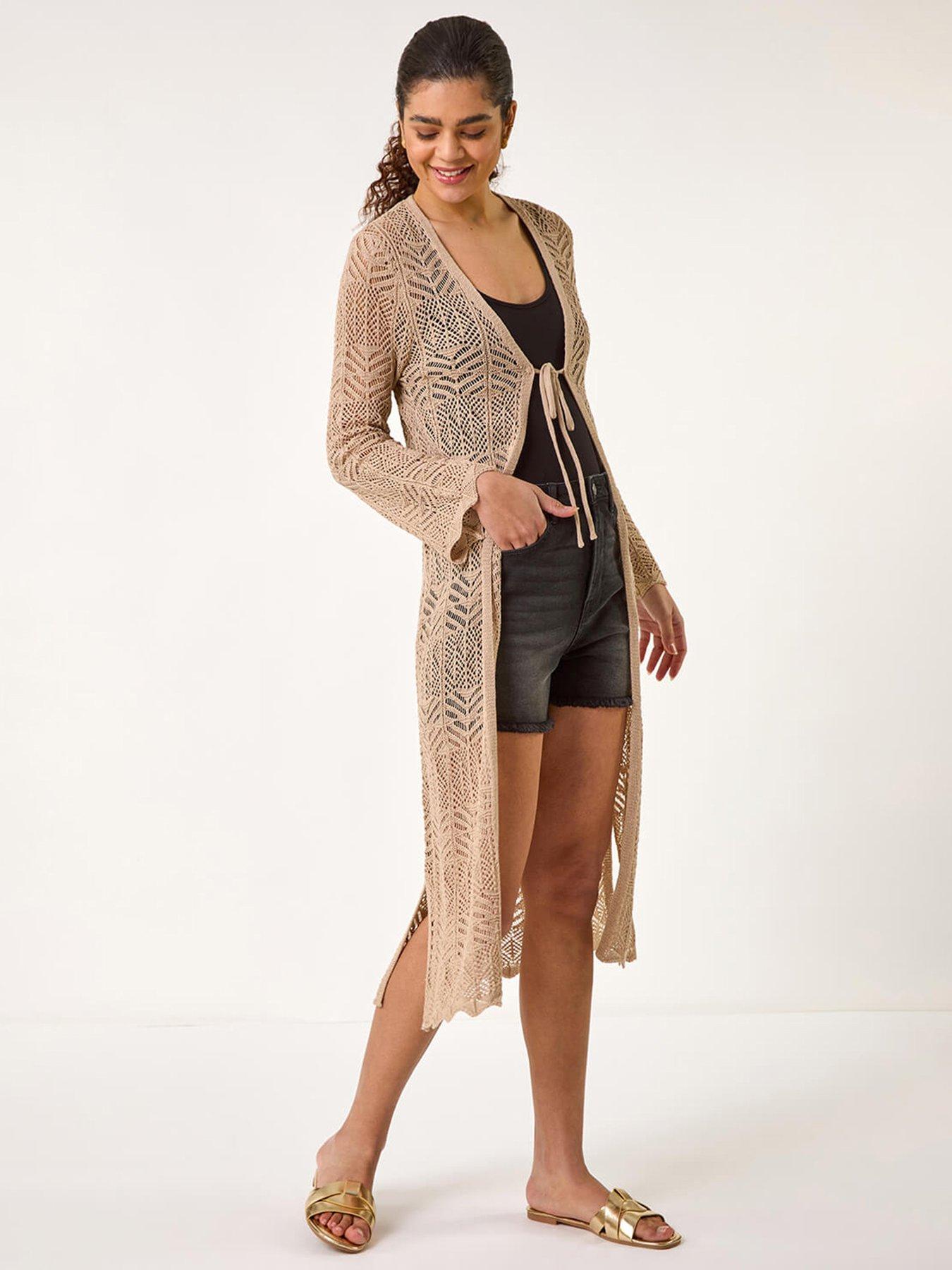 undefined Longline Tie Cotton Blend Knit Cardigan - Natural