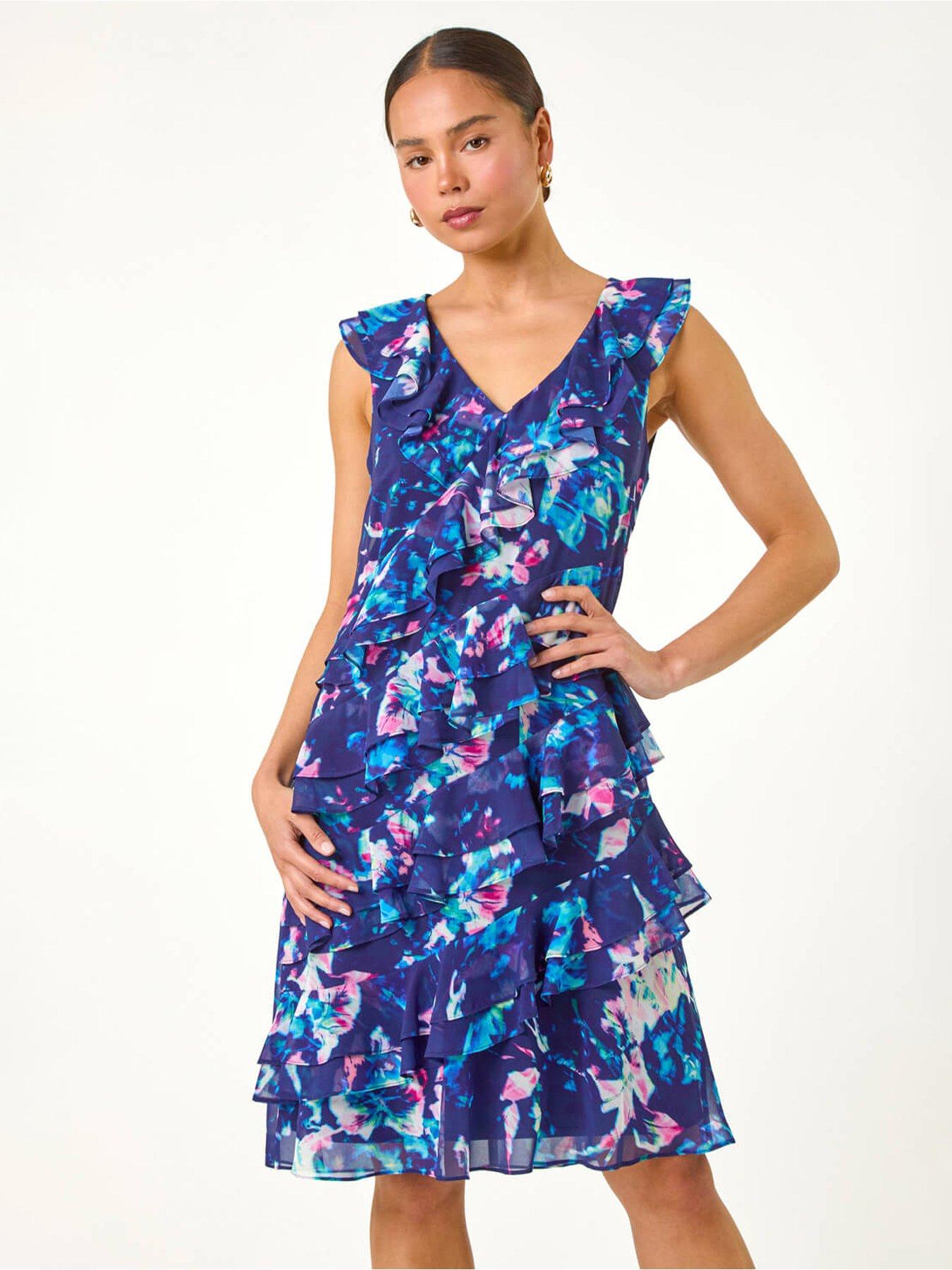 undefined Petite Abstract Print Ruffle Shift Dress - Navy