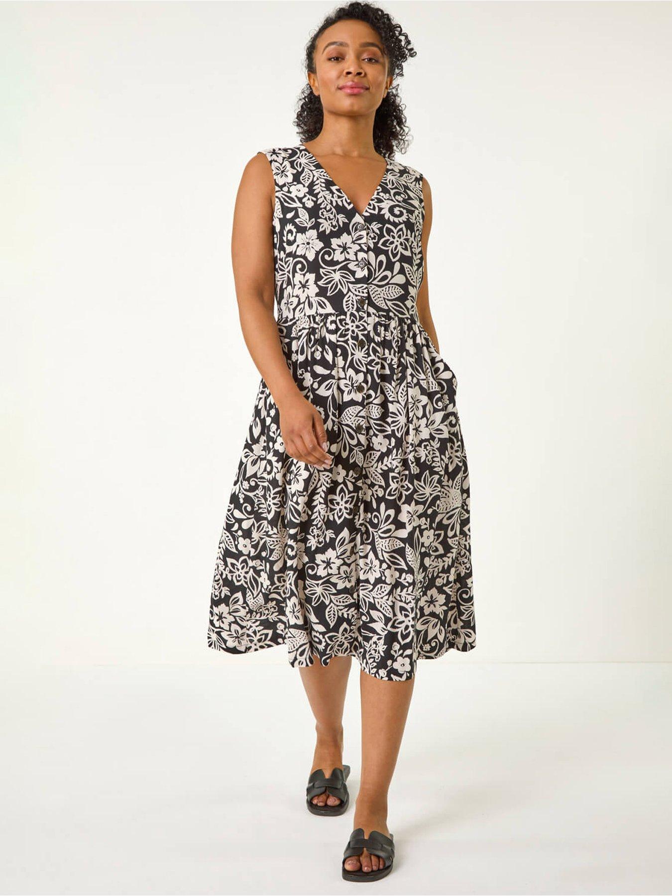 undefined Petite Print Button Through Pocket Dress - Black