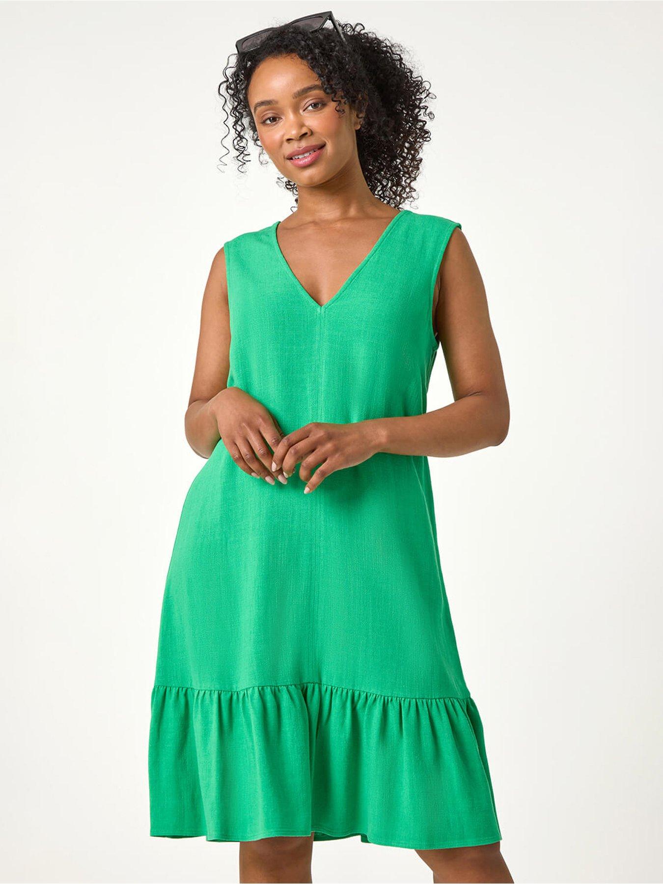 undefined Petite Sleeveless Plain Frill Hem Dress - Green