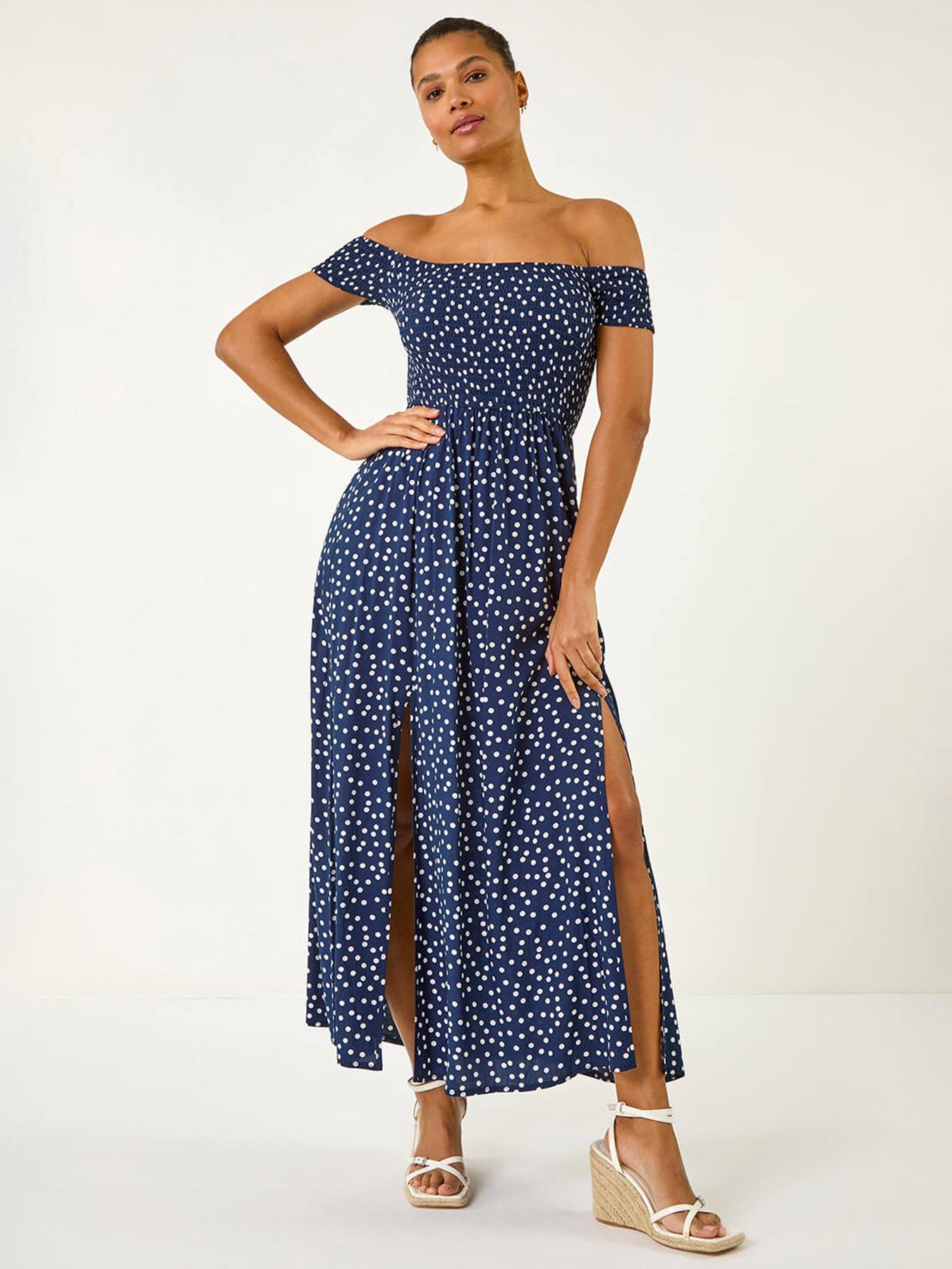 undefined Spot Print Bardot Shirred Maxi Dress - Navy