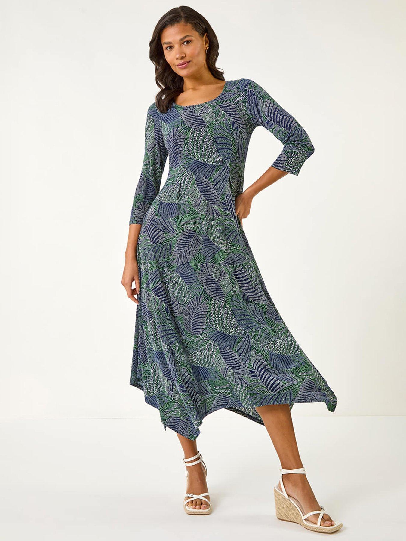 undefined Leaf Puff Print Hanky Hem Midi Dress - Green