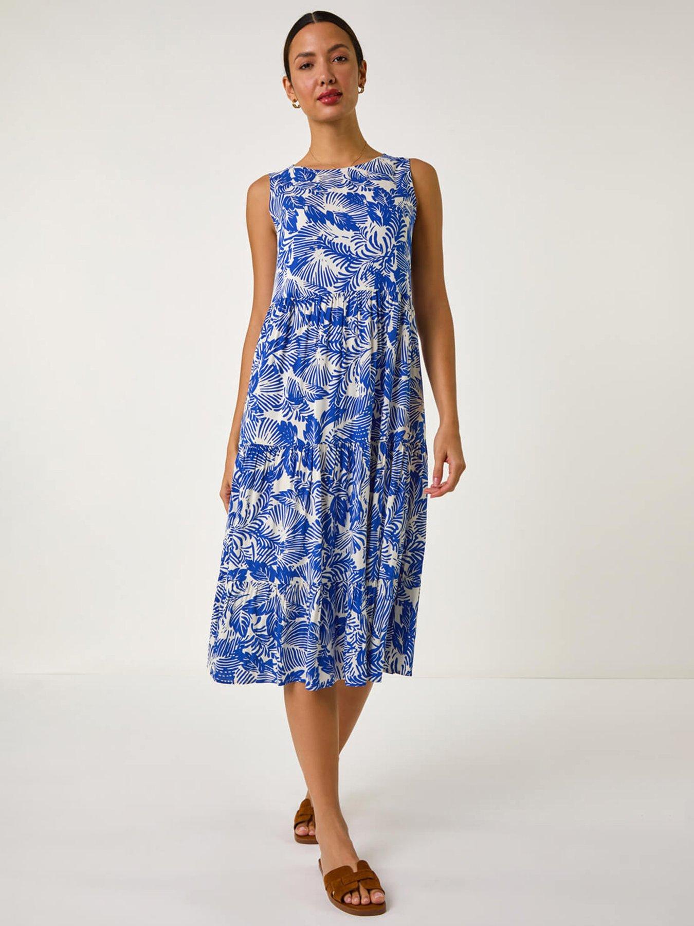 undefined Leaf Print Tiered Smock Midi Dress
