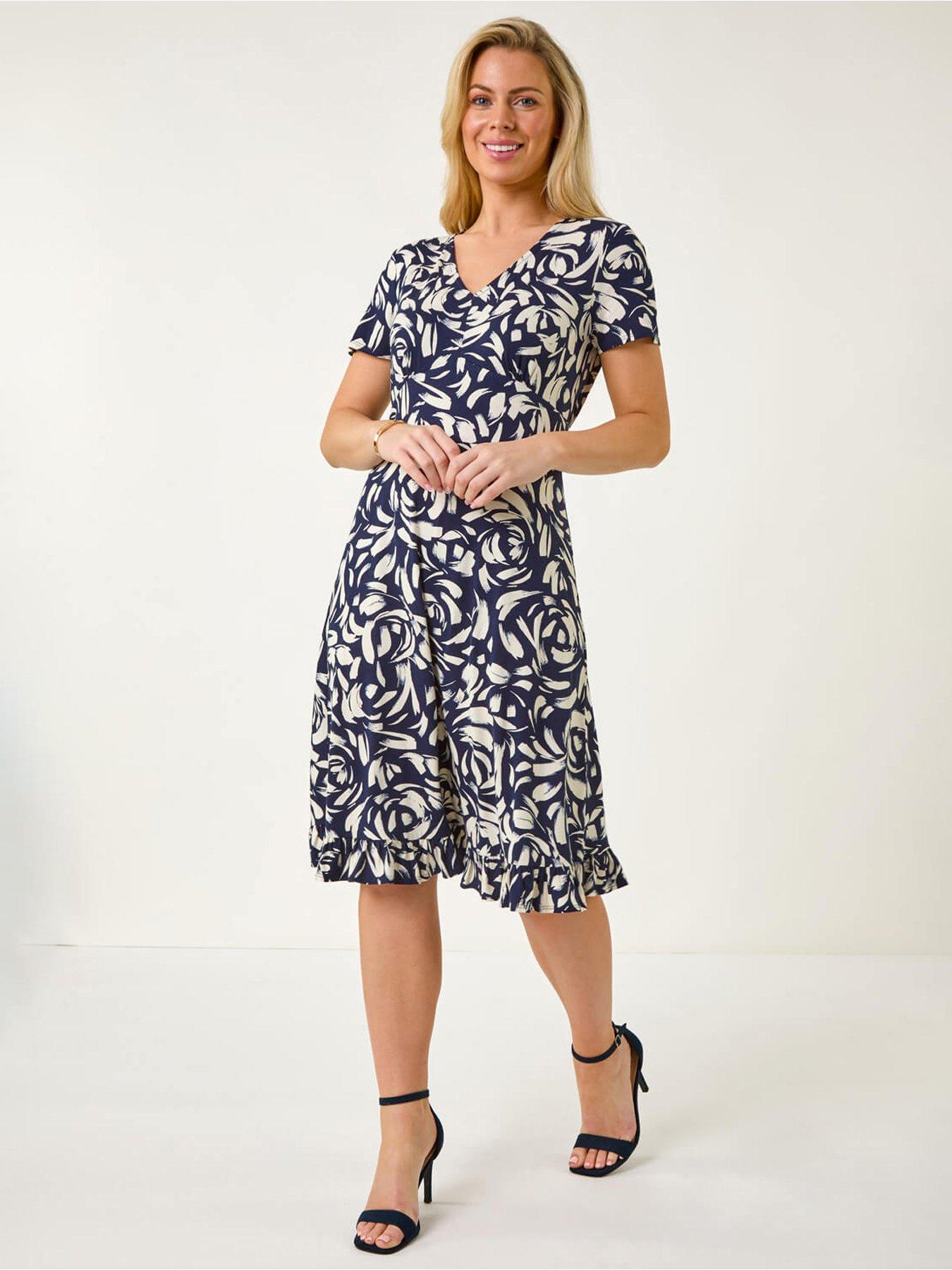 undefined Petite Abstract Print V-neck Frill Dress - Navy